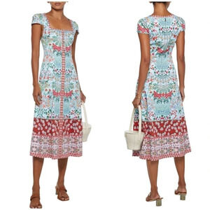 Alice + Olivia Floral Patchwork Midi Dress in Light Blue and Rust
